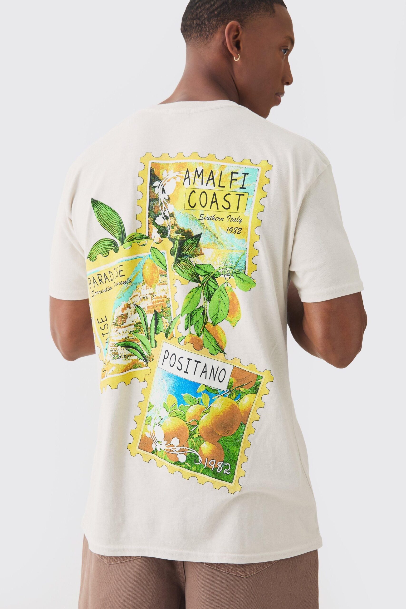 Boohooman Mens Ecru Postcard Travel Wash Print T-shirt Ecru